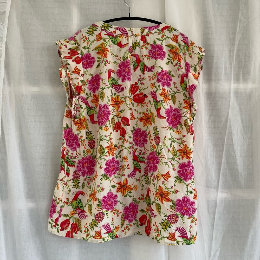 Tropical Floral Top, Flutter Sleeves, Linen Rayon blend - Picture 3 of 9